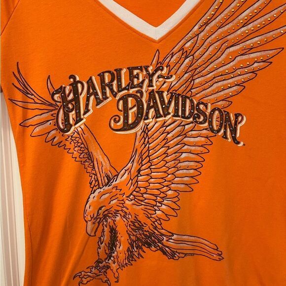 HARLEY DAVIDSON Short Sleeve V-Neck T-Shirt Orange Women’s Size Medium - Picture 3 of 7